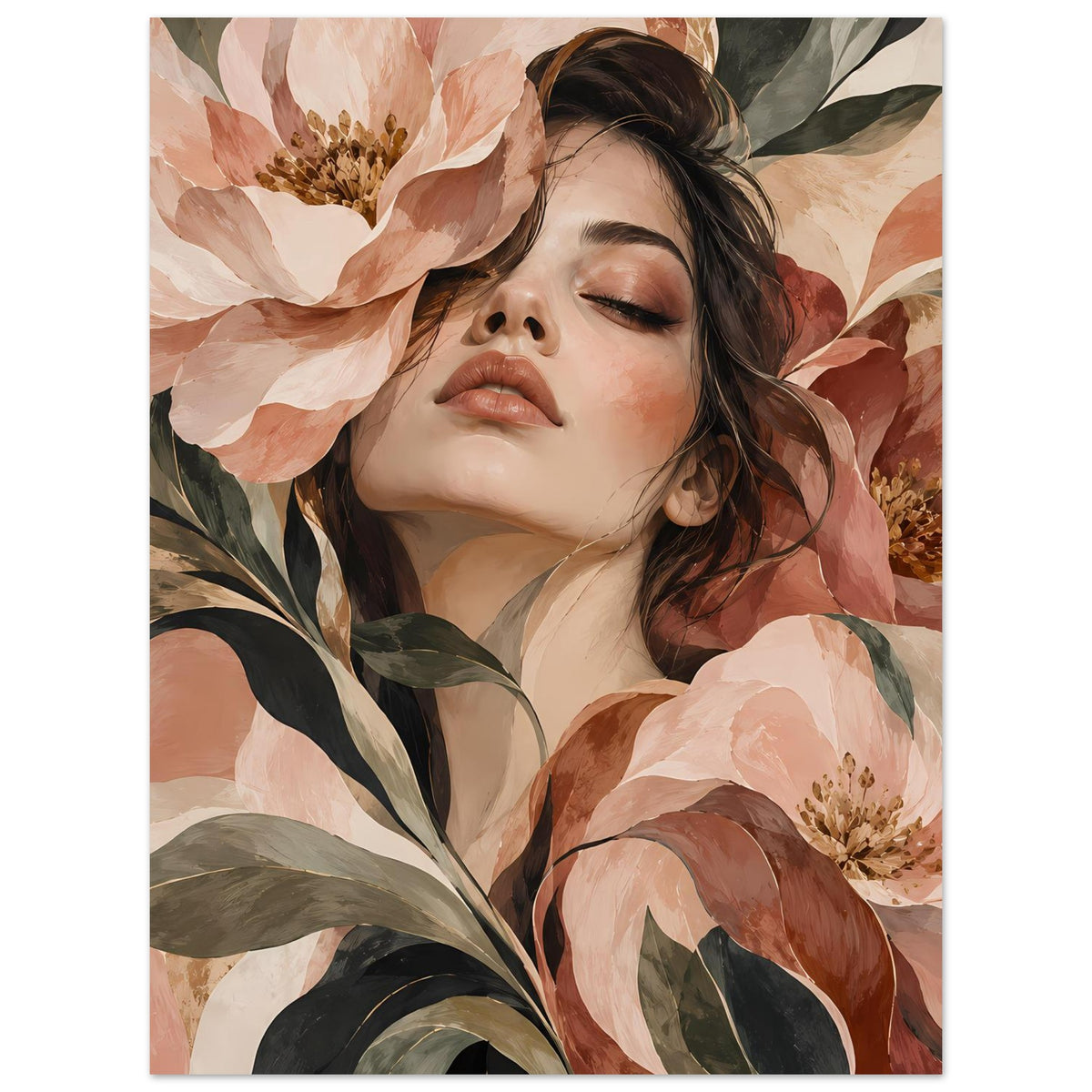 Poster mit Porträt einer Frau, umgeben von Blüten und Blättern, warmes Farbschema