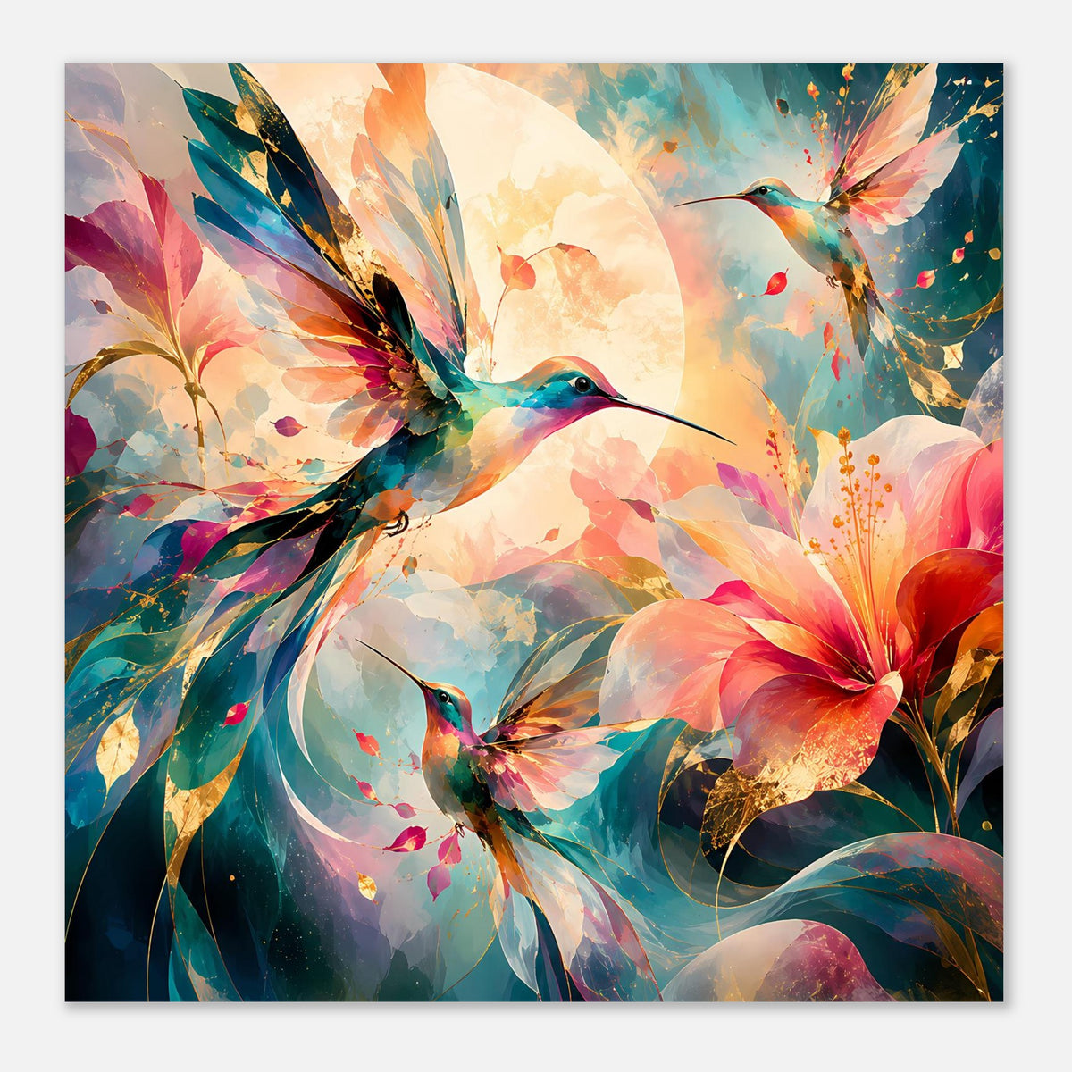 Querformat-Kunstposter mit Kolibris und großen Blüten, kräftige Pastell- und Dunkeltöne