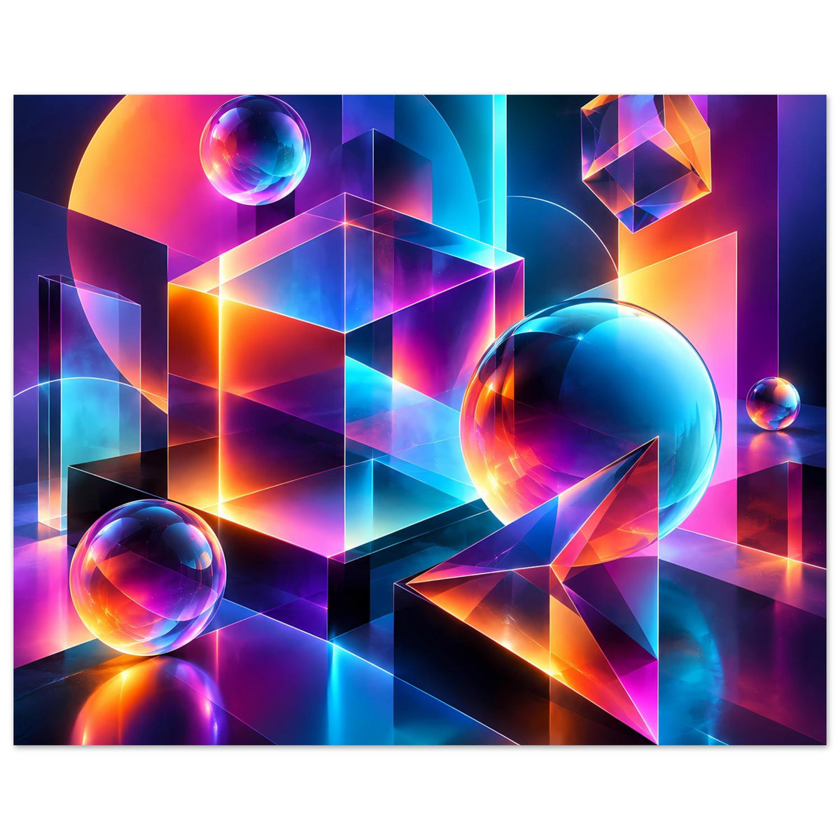 Neon-Geometrie-Poster mit großen Kugeln und gestapelten 3D-Würfeln, Neon-Farbverlauf
