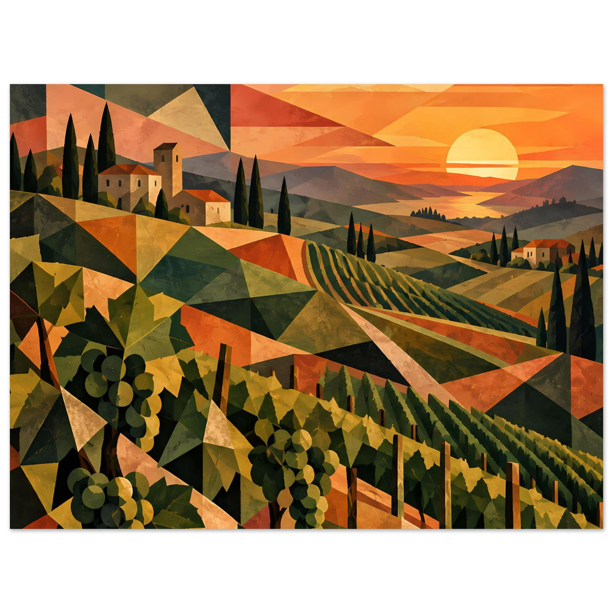 Horizontales Poster: geometrische Weinlandschaft mit Reben, Häusern, Zypressen und orangefarbener Sonne