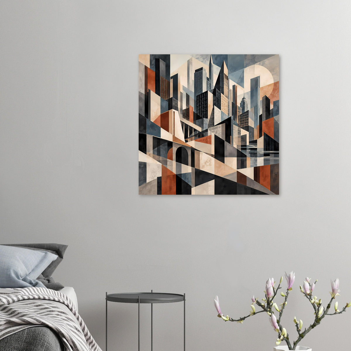 Kleines Architekturposter im Querformat mit geometrischer Skyline in Erdtönen und Blau