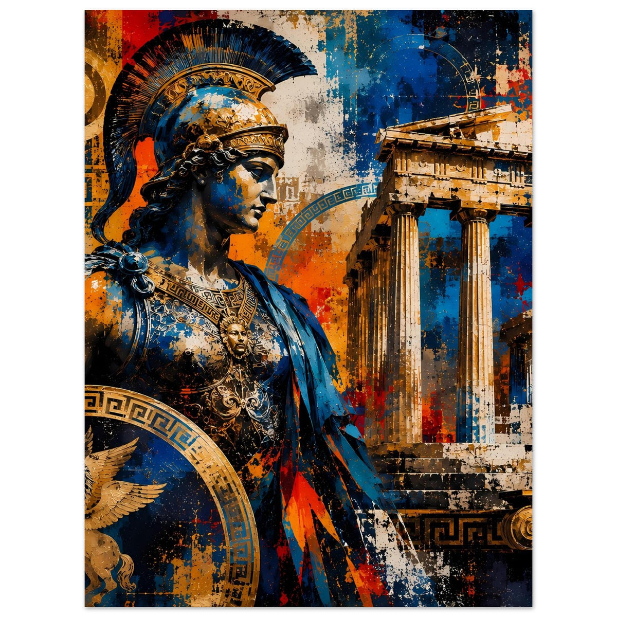 Poster mit griechischem Kriegerprofil und antiken Tempelsäulen, blau-orange Farbfläche.