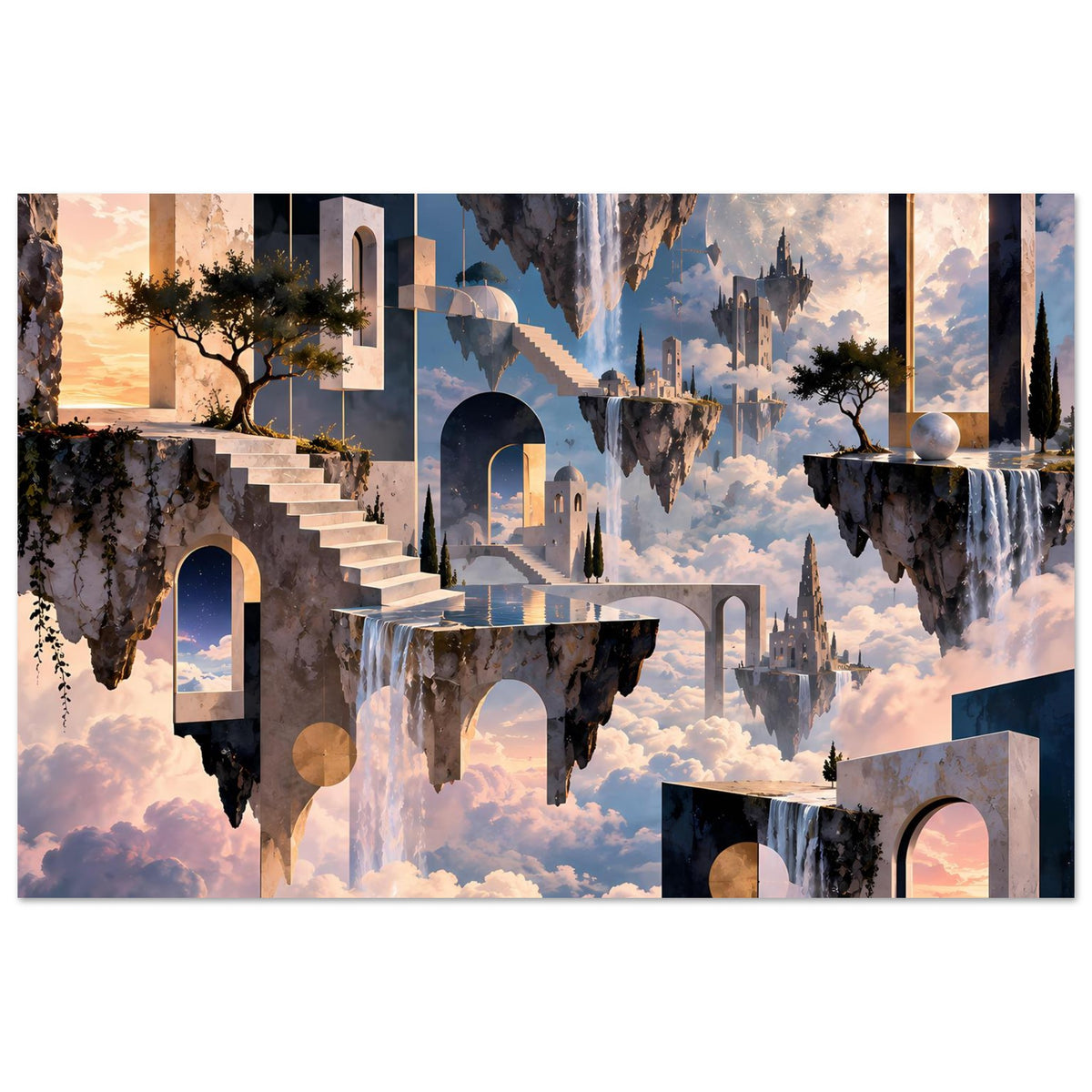 Horizontales Poster: schwebende Trauminseln, Architekturdetails mit Bögen, Mond und Wolkenhimmel