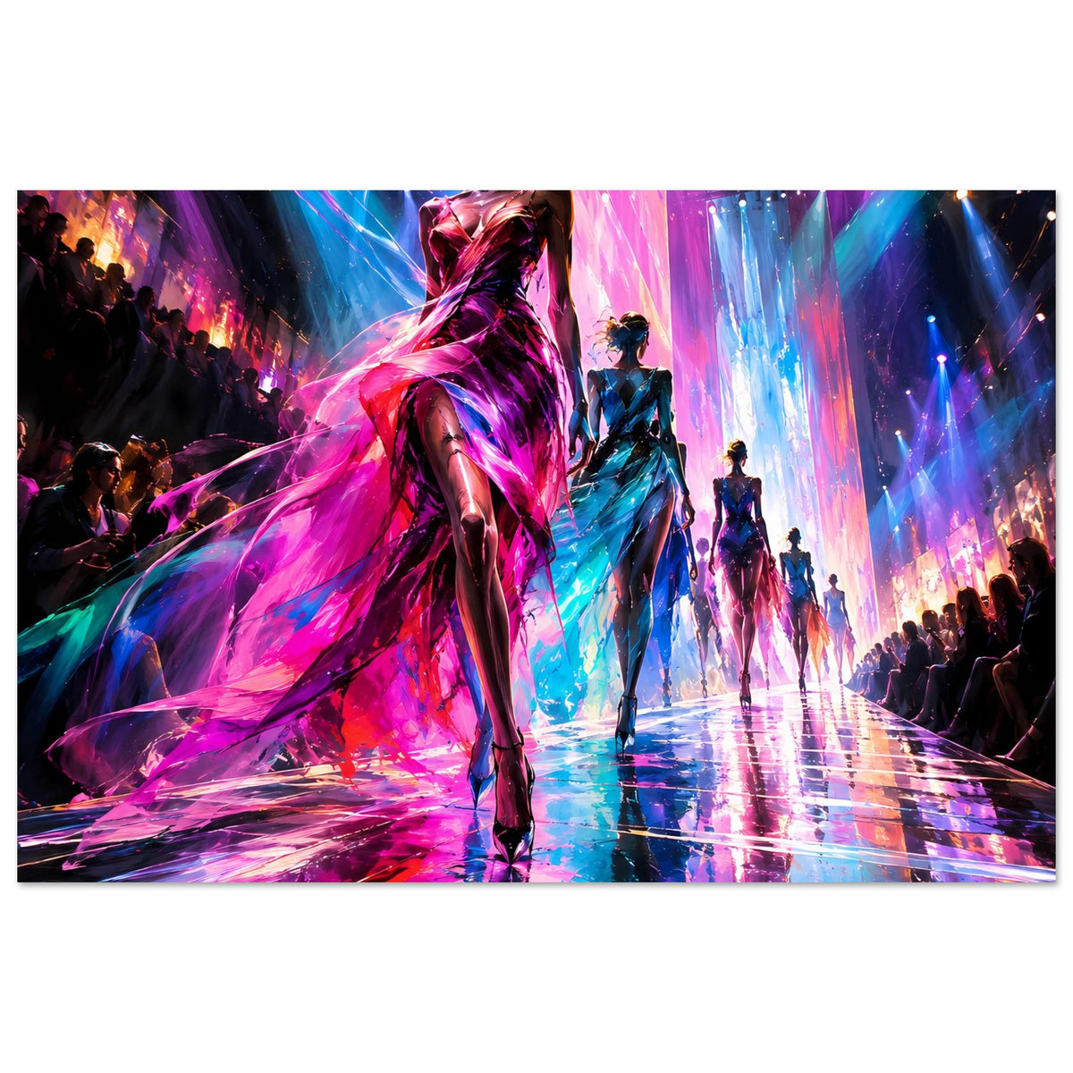 Modeposter im Querformat: mehrere Models auf dem Laufsteg, leuchtende magenta-blaue Effekte