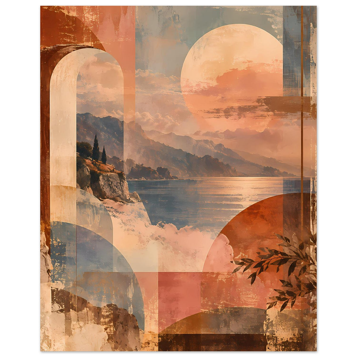 Landschaftsposter mit abstrakter Küste und Sonnenuntergang, Meerlinie, Bögen und Pflanzenmotiv.