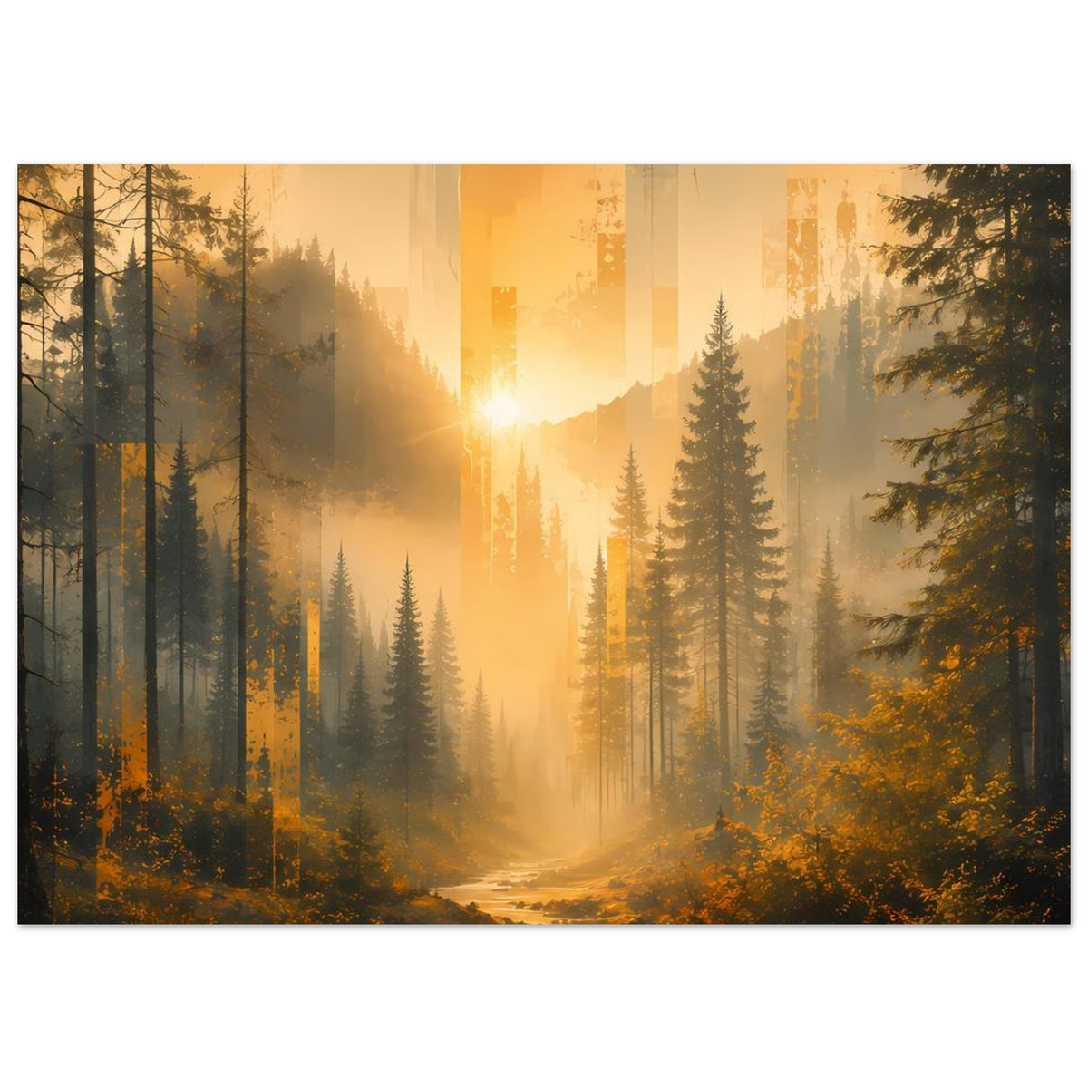 Naturposter: sonnendurchfluteter Fichtenwald mit Fluss, Querformat