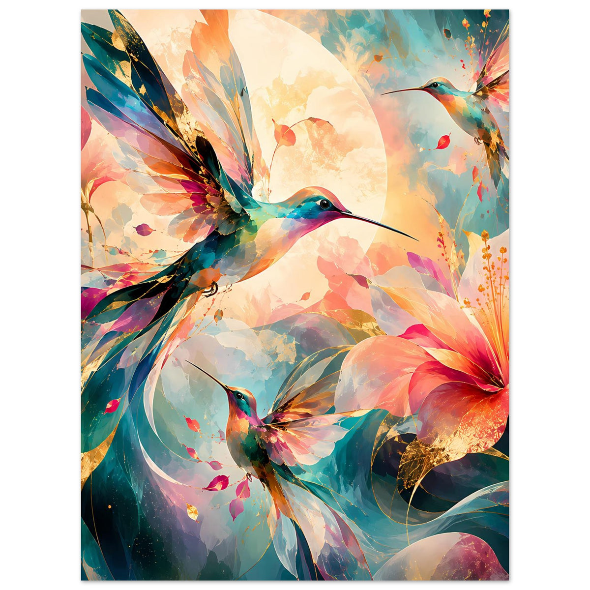 Kunstposter im Hochformat: Kolibri vor bunten Blumen, pastellfarbene Pinselstriche