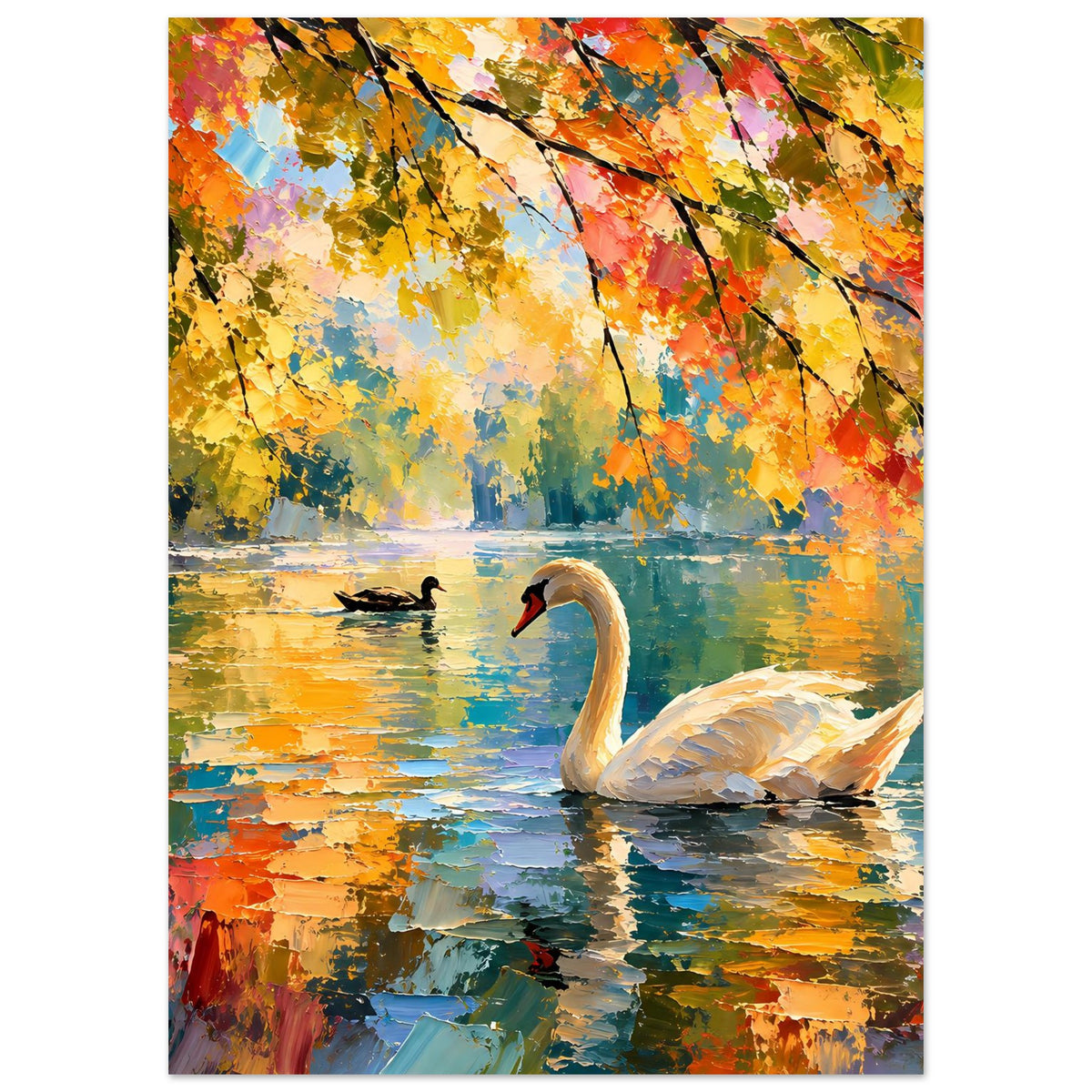 Kunstposter: weißer Schwan schwimmt im bunten See, Herbstzweige über dem Wasser