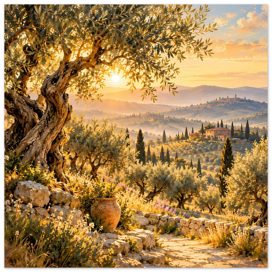 Poster mit goldenem Landschaftsbild: Olivenbaum, warme Sonne und Hügel mit Zypressen