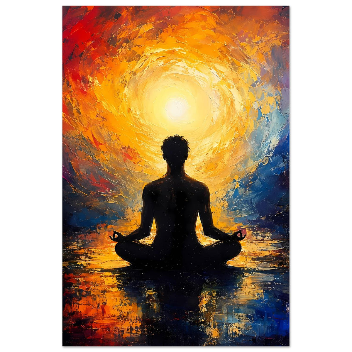 Abstraktes Zen-Poster im Hochformat mit Meditationsfigur im Lotussitz und goldener Leuchtaura