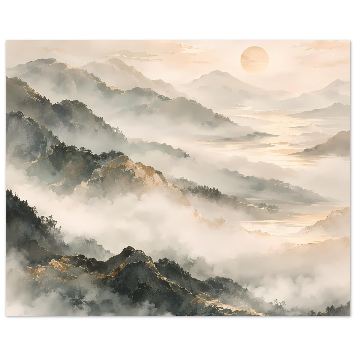 Horizontales Poster mit nebligen Hügeln und Bergketten, warmer Himmel mit Sonnenscheibe