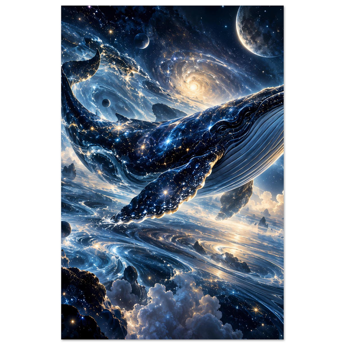 Kosmisches Poster mit galaktischem Wal im Sternenmeer, Leuchtaugen und Wellenflossen.