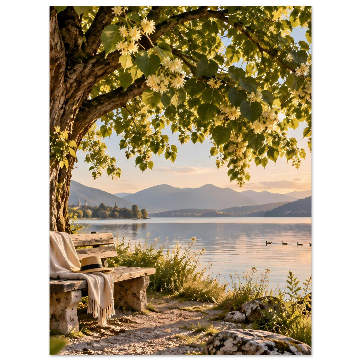 Poster mit Blick auf Seeufer bei goldenem Licht, mit großem Baum und Bank am Weg