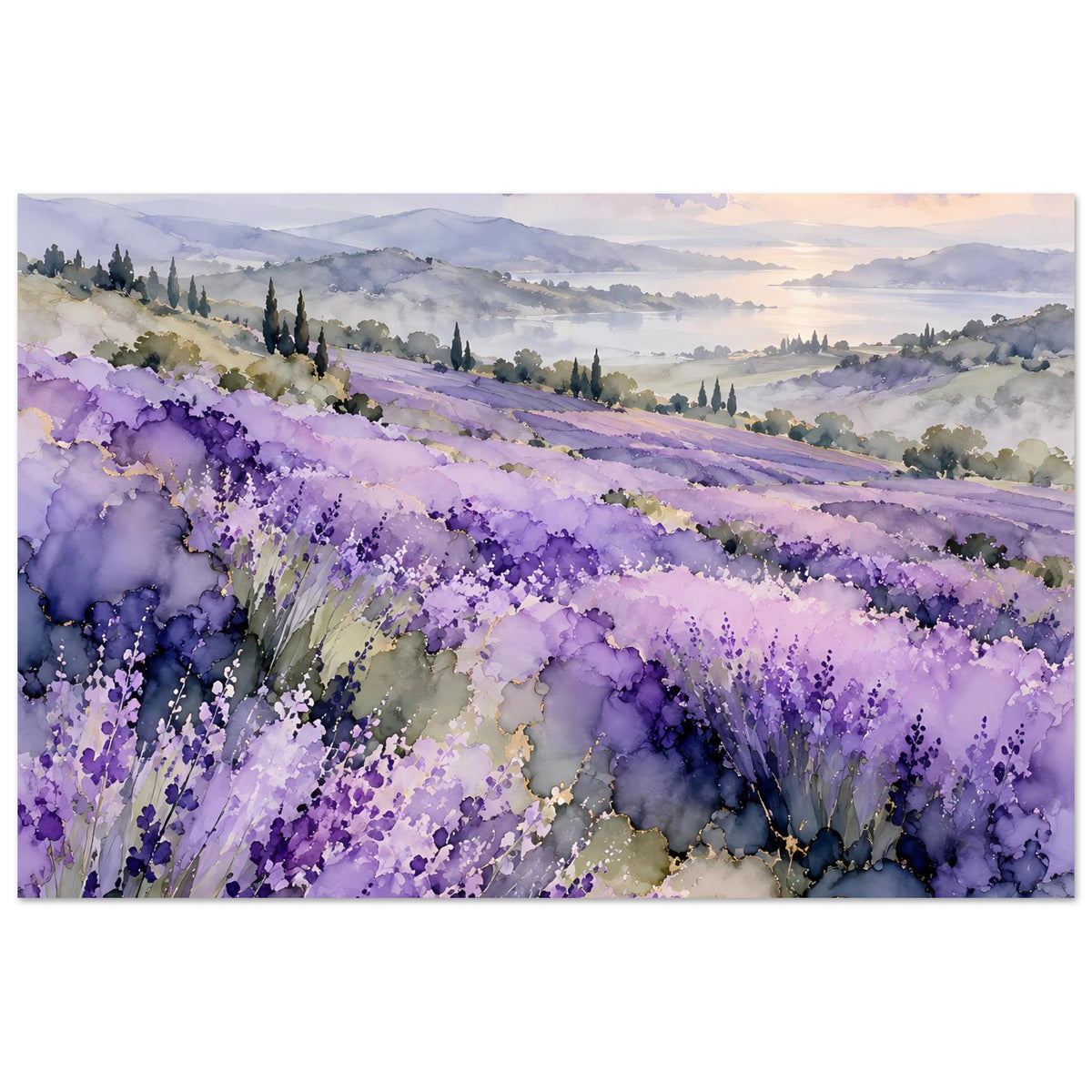 Aquarell-Landschaftsposter mit Lavendelfeld in Violett, weite Landschaft und klare Linien