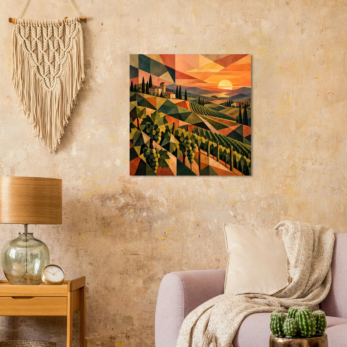 Poster mit Weinbergen und Häusern, orange Sonne und geometrische Farbflächen