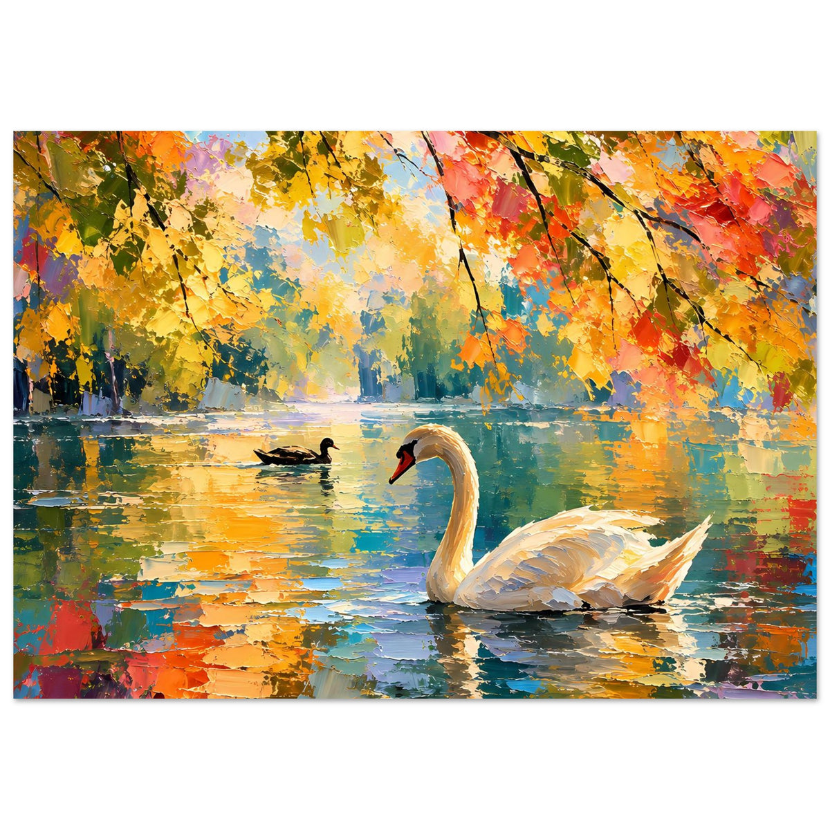 Horizontales Wandposter mit zwei Schwänen auf Herbstsee und farbenprächtigen Laubzweigen