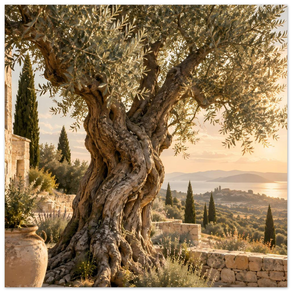 Olivenbaum-Poster mit knorrigem Stamm und Olivenzweigen, mediterrane Küstenlandschaft
