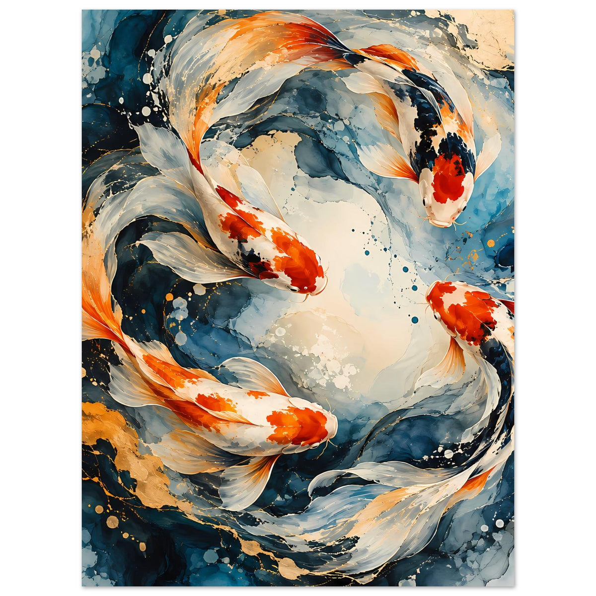 Japanisches Poster (Hochformat) mit Koi-Fischen im Wasserwirbel, orange-rote Fische im Blau.