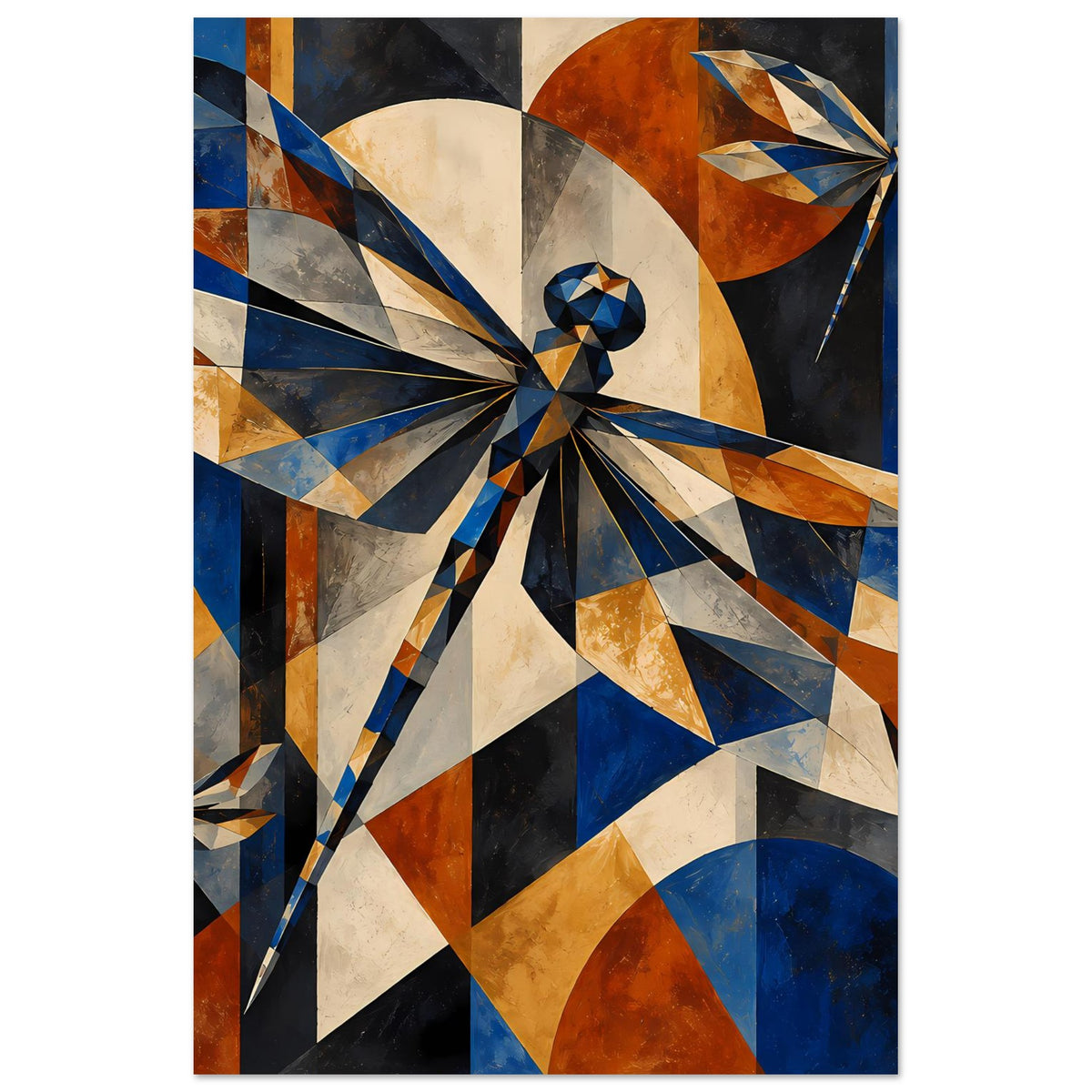 Kunstposter mit geometrischen Libellenformen, kräftigem Blau und Kupfer auf hellem Hintergrund