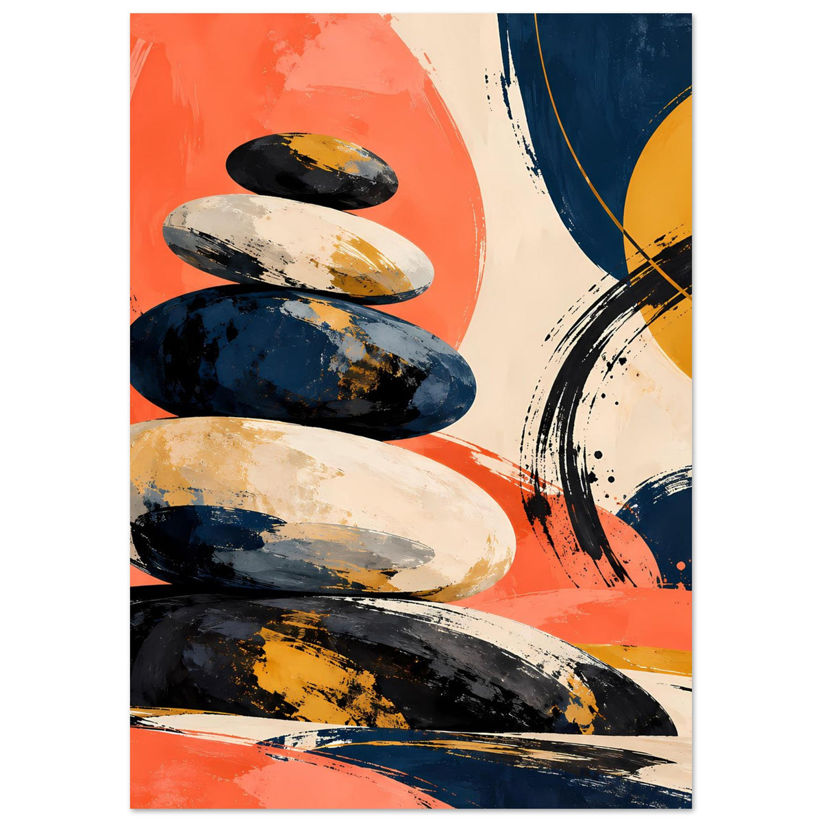 Poster mit stapelnden Steinen, Orange- und Dunkelblauflächen mit beige-gelbem Akzent