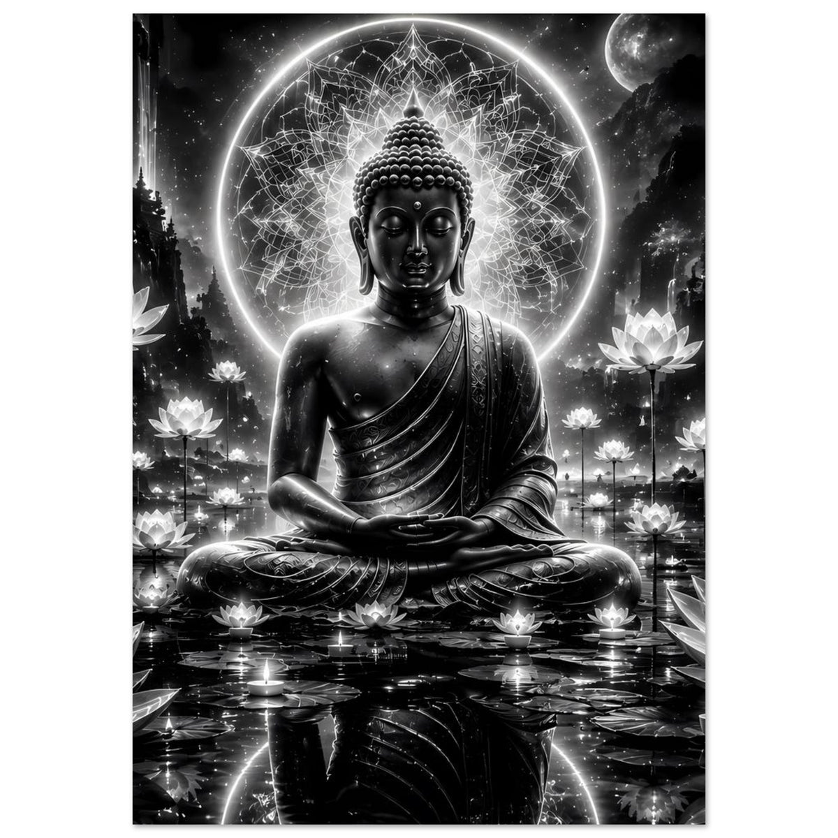 Poster mit Buddha-Figur im Schneidersitz, strahlender Kreis und fein gezeichnete Mandala, schwarz