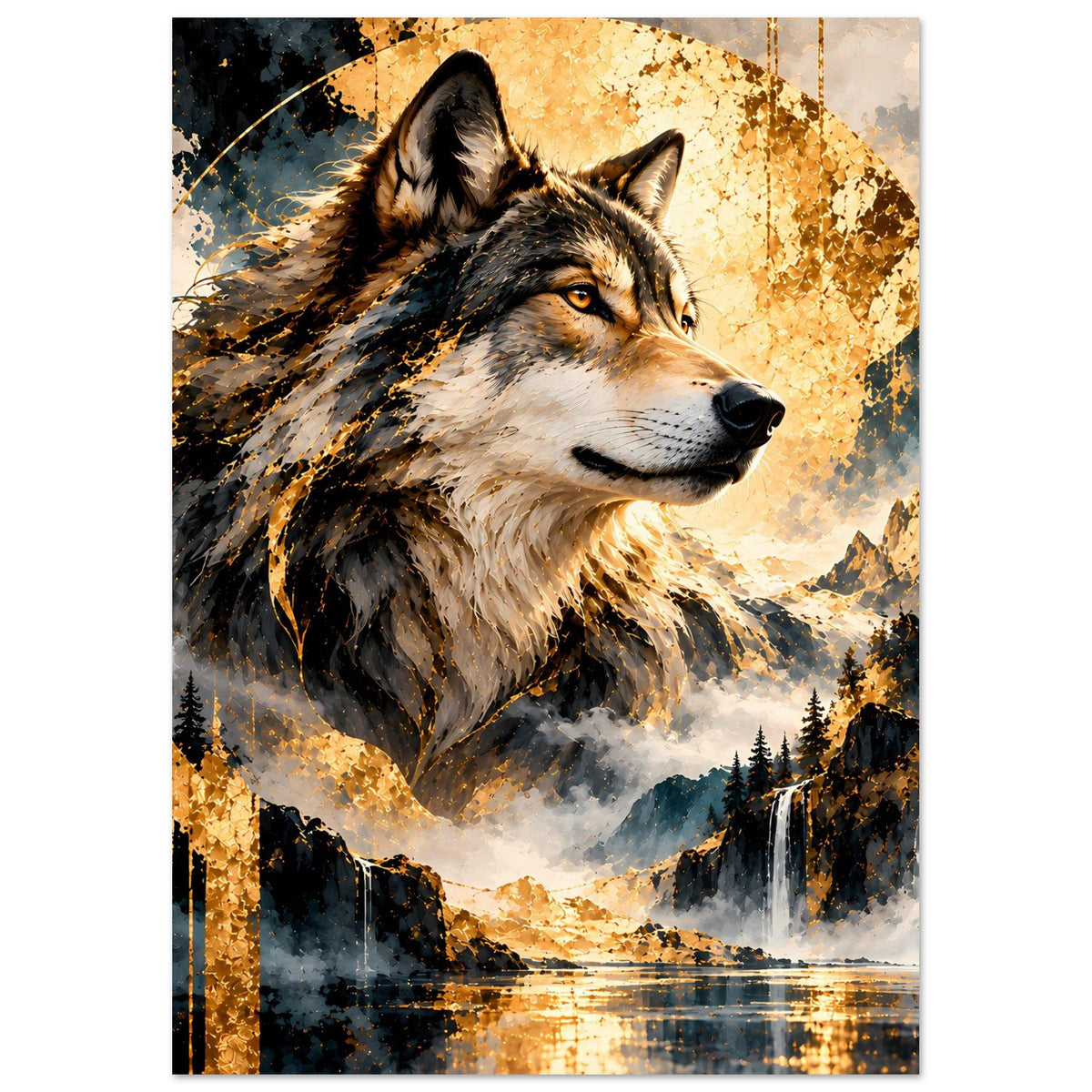 Wolfskunstposter mit naher Wolfsansicht und goldfarbenen Effekten, Landschaft mit Wasserfall, senkrecht