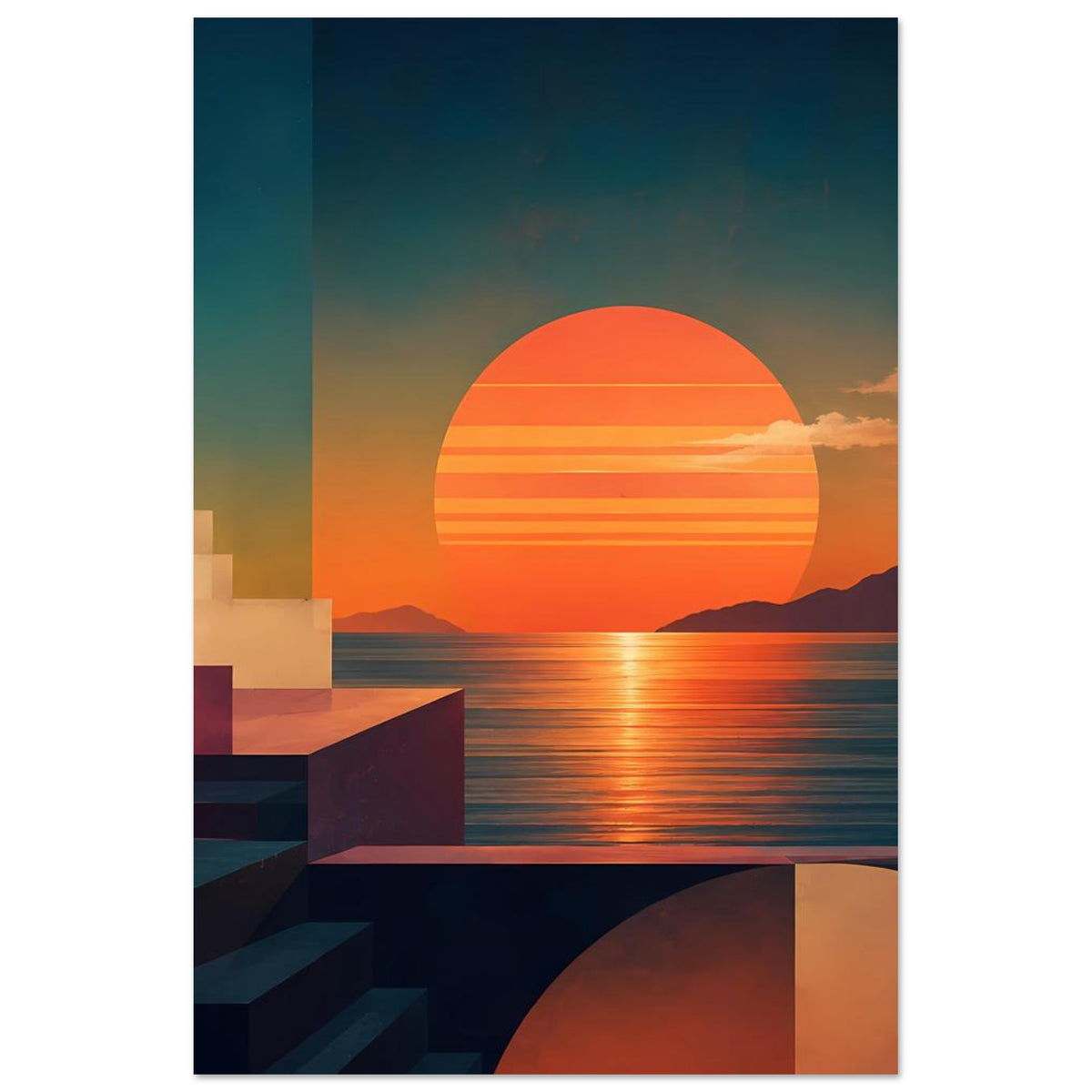 Kunstposter mit orangefarbener Sonne, ruhigem Meer und abstrakten Bauklötzen links