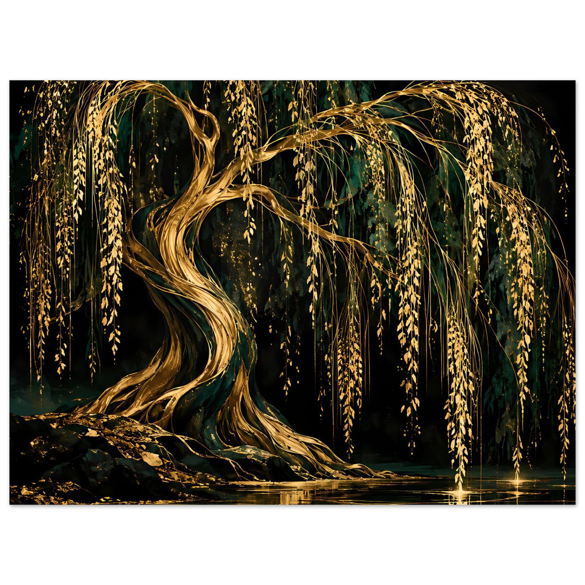 Wandposter im Querformat mit goldenen Weidenzweigen und Spiegelung im Wasser