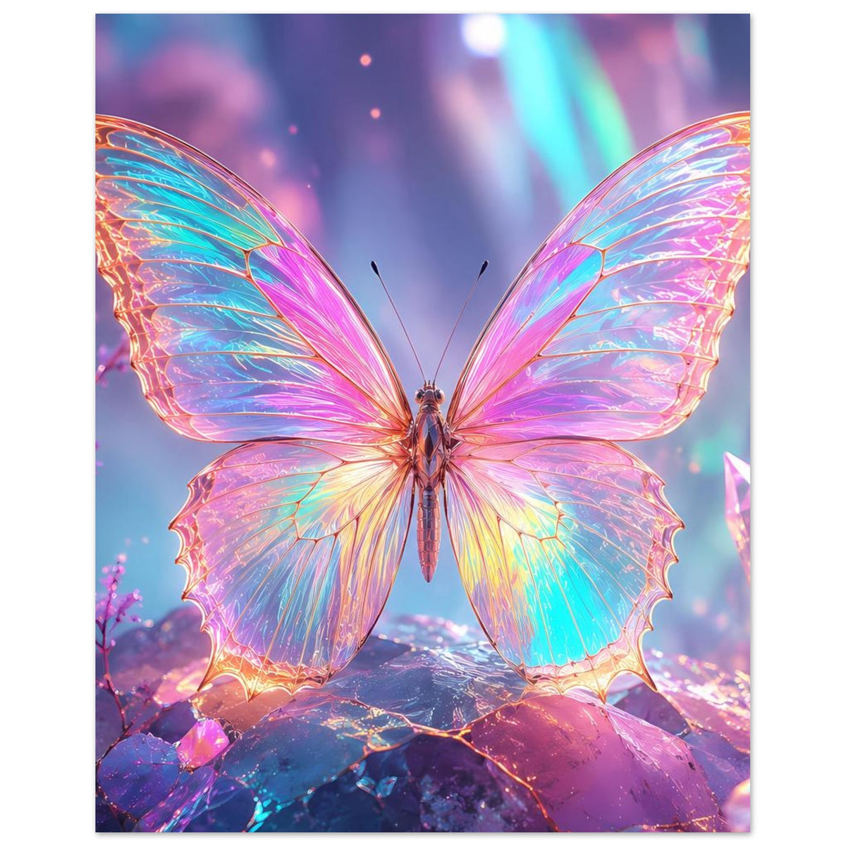 Quadratisches Fantasy-Poster mit detailreichem Regenbogen-Schmetterling zwischen Kristallen.