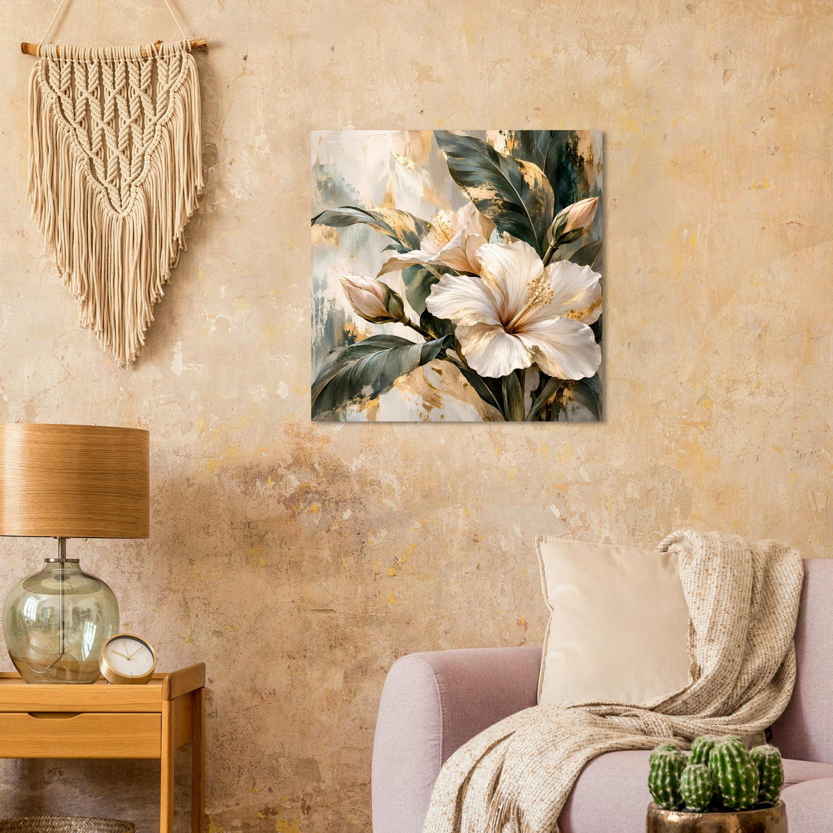Blumenposter mit weißen Magnolienblüten, grünen Blättern und goldenen Akzenten