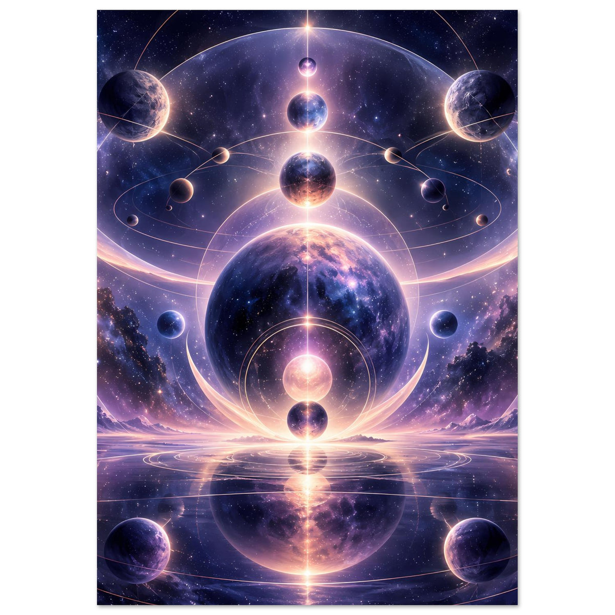Poster im Hochformat mit Raumkunst: mehrere Planeten, Sterne und goldene Ringlinien