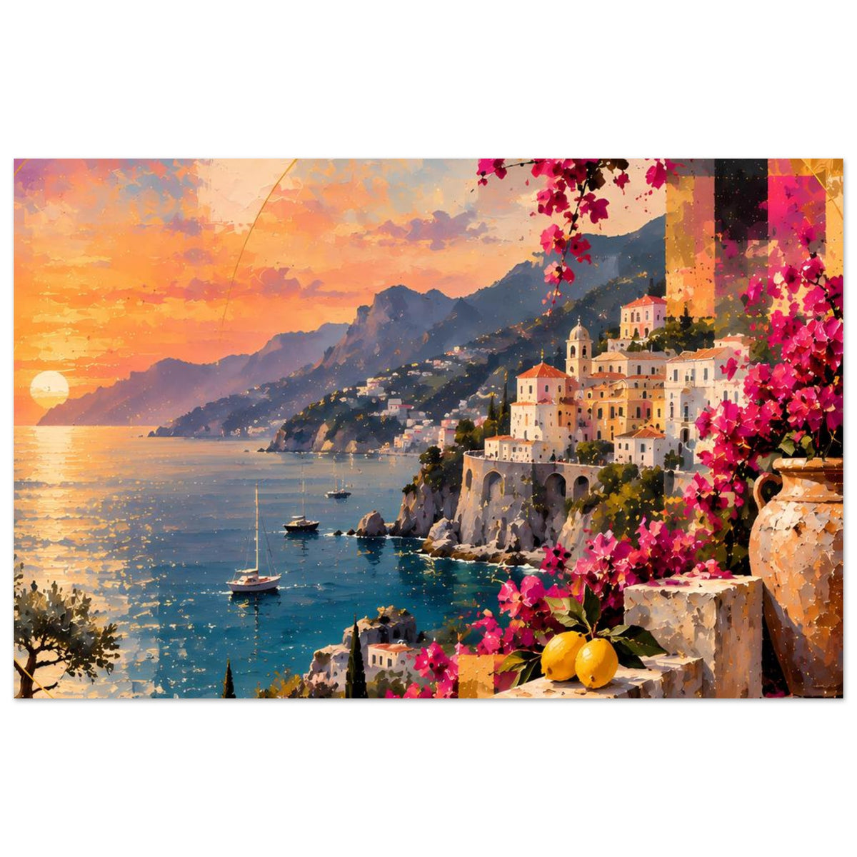 Querformat-Poster mit mediterraner Küstenlandschaft, Booten, pinken Blüten und gelben Früchten