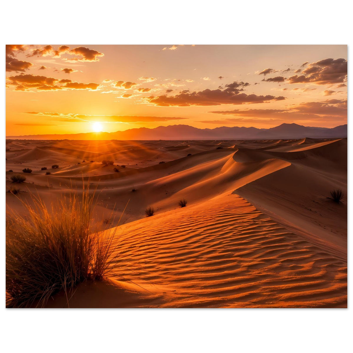 Wüstenlandschafts-Poster mit Sanddünen, orangefarbenem Himmel und Sonne, horizontal
