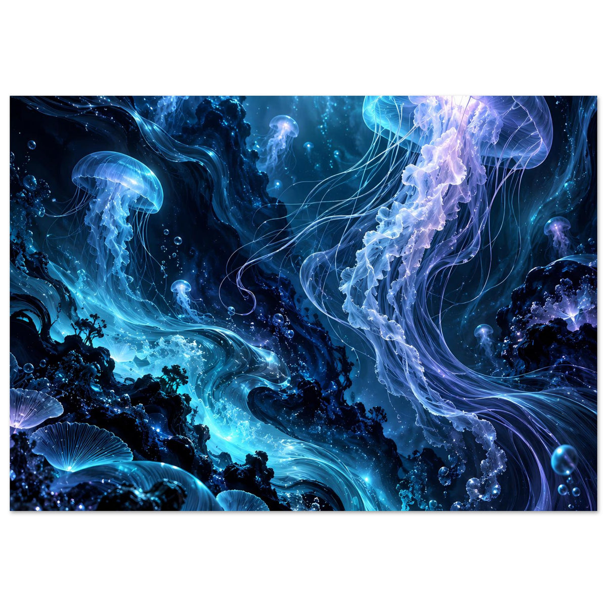 Unterwasser-Poster mit leuchtenden Quallen, tiefblauer Unterwasserwelt und hellen Strahlen