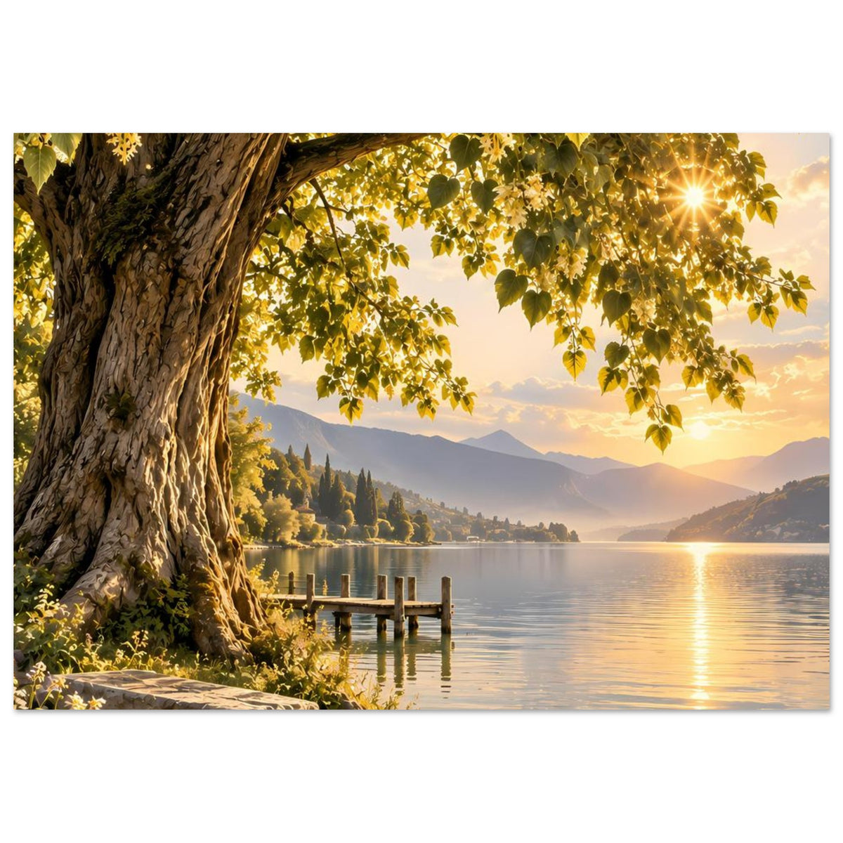 Poster mit großem Baumstamm links, Blättern im Vordergrund, See und Holzsteg, goldener Sonnenstrahl