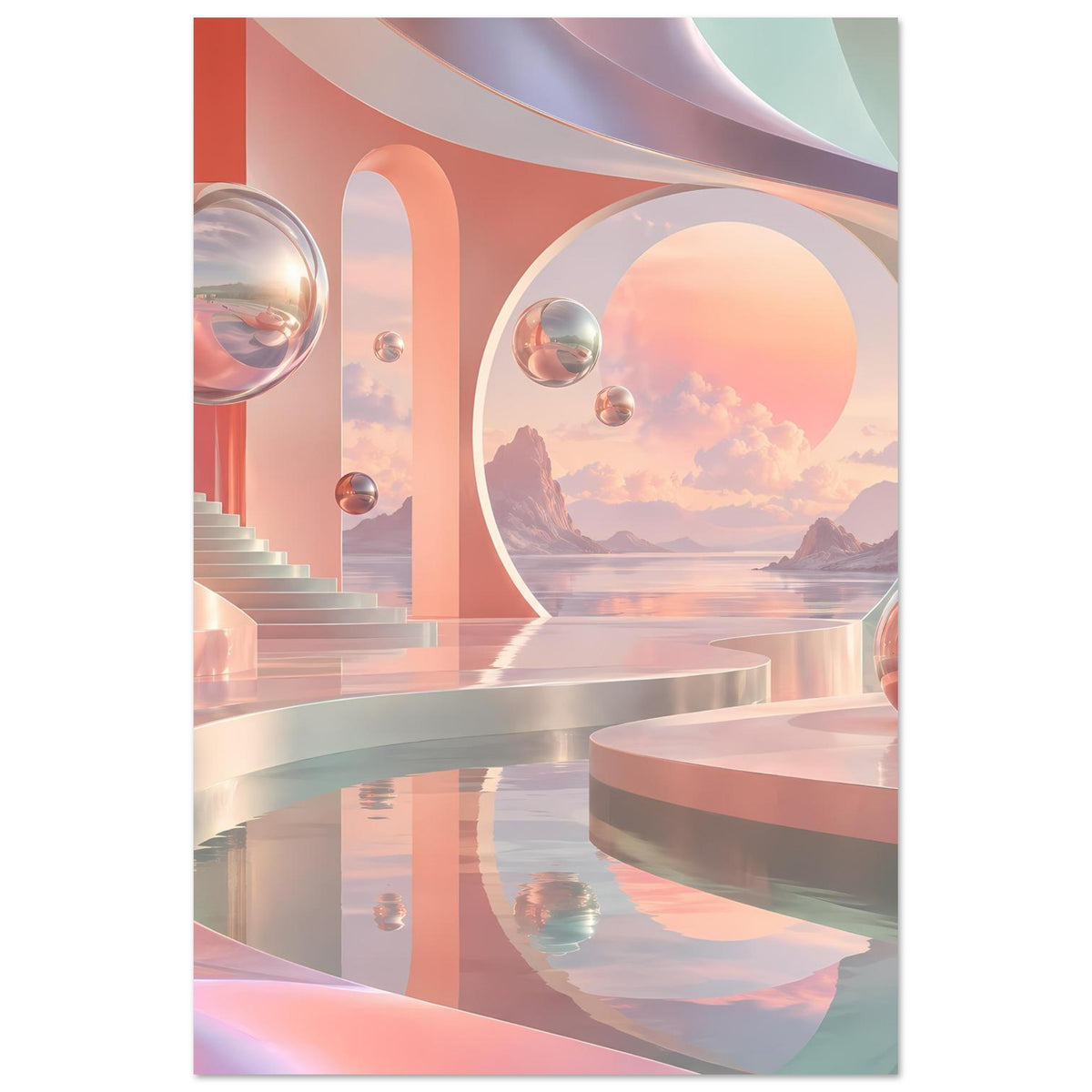 Surrealistisches Poster im Pastellton mit großer Kugel, Bögen und Treppenlandschaft