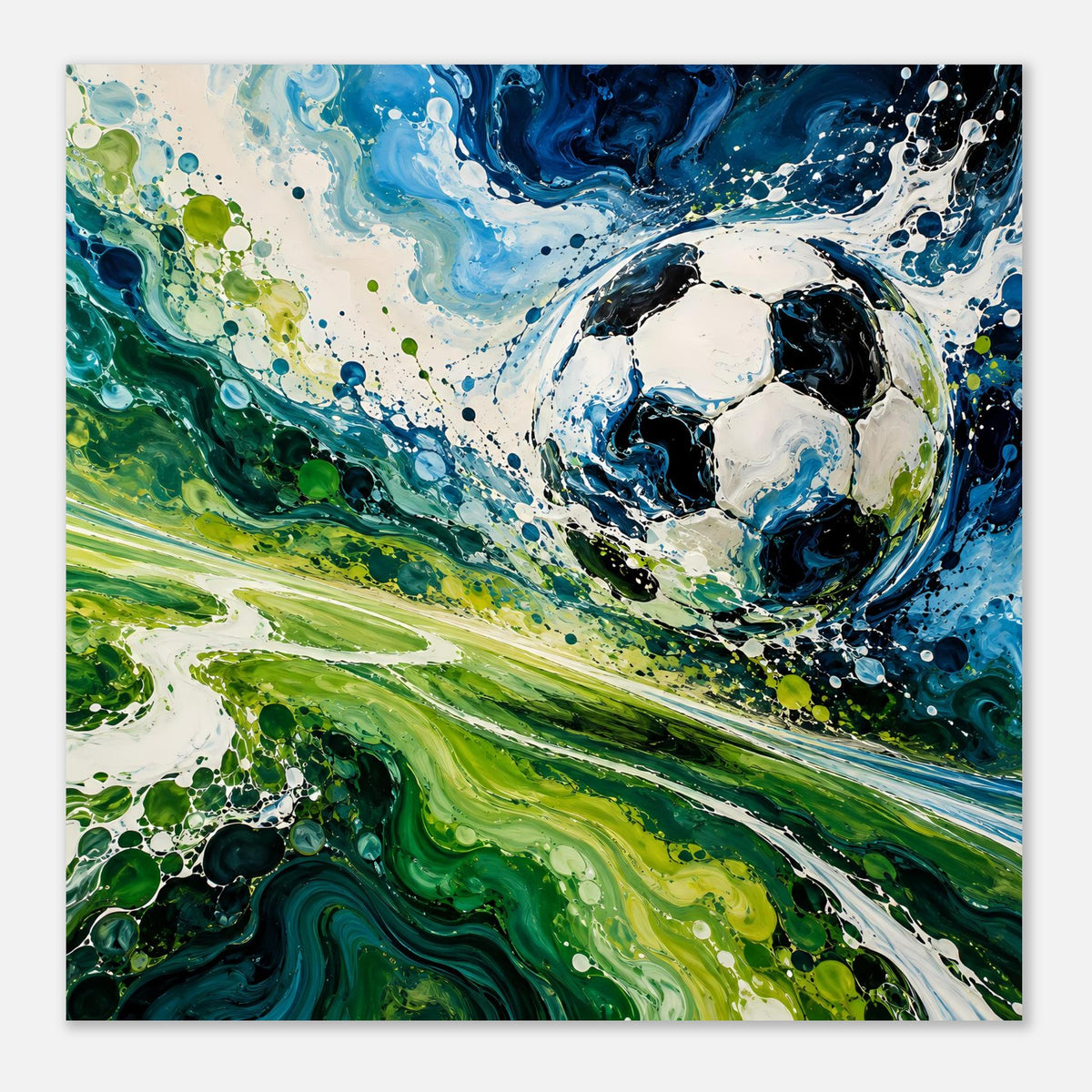Fußball-Kunstposter im Querformat mit abstraktem Blau-Grün-Farbverlauf und Ballmotiv
