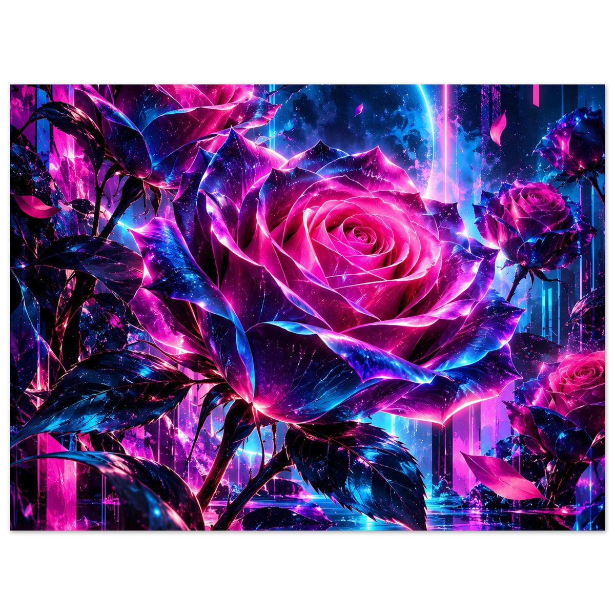 Kunstposter mit Neonrosen und Blättern in Pink und Blau, seitliche Perspektive, horizontal