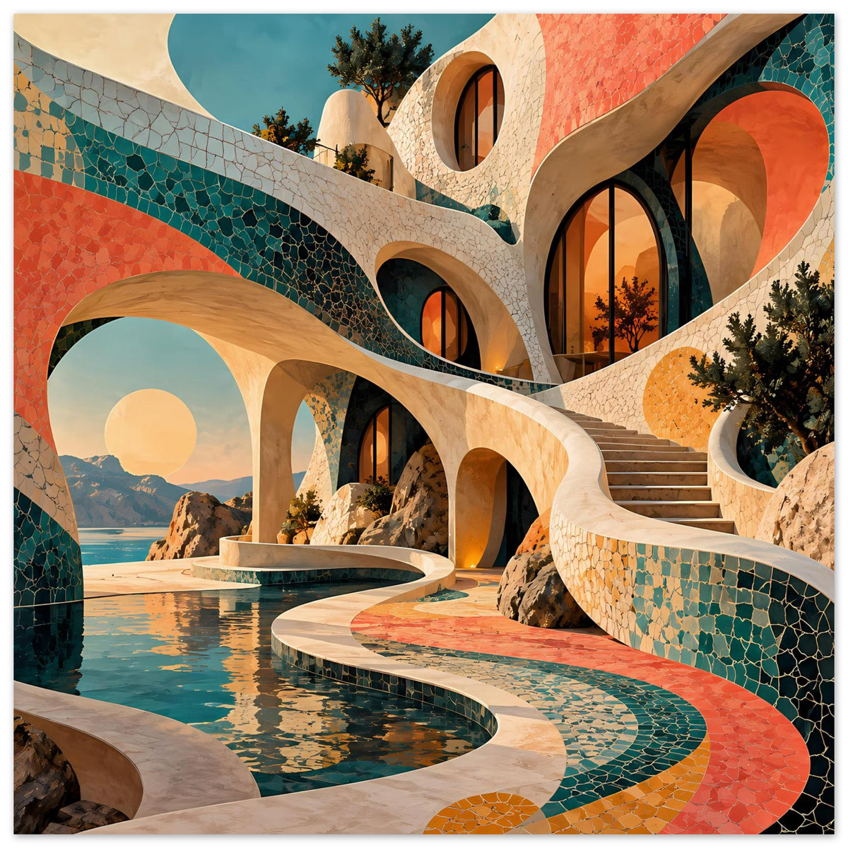 Kunstposter mit surreler Mosaik-Architektur: türkis-korallenfarbene Bögen und Wasserbecken