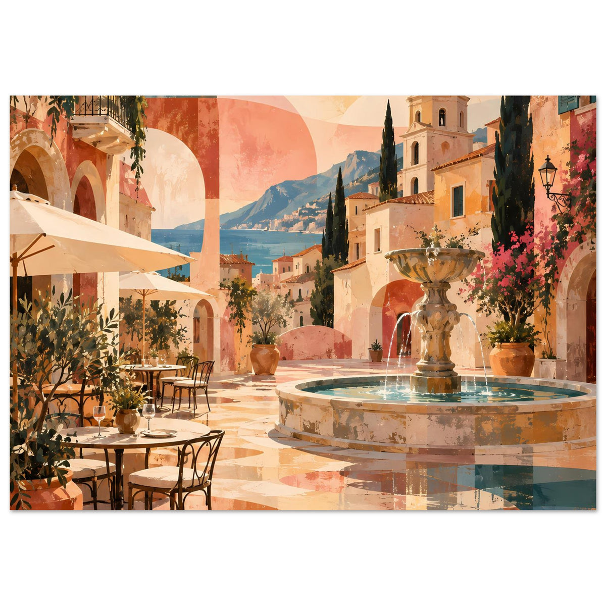 Poster mit mediterranem Platz, Brunnen und Pastellfarben