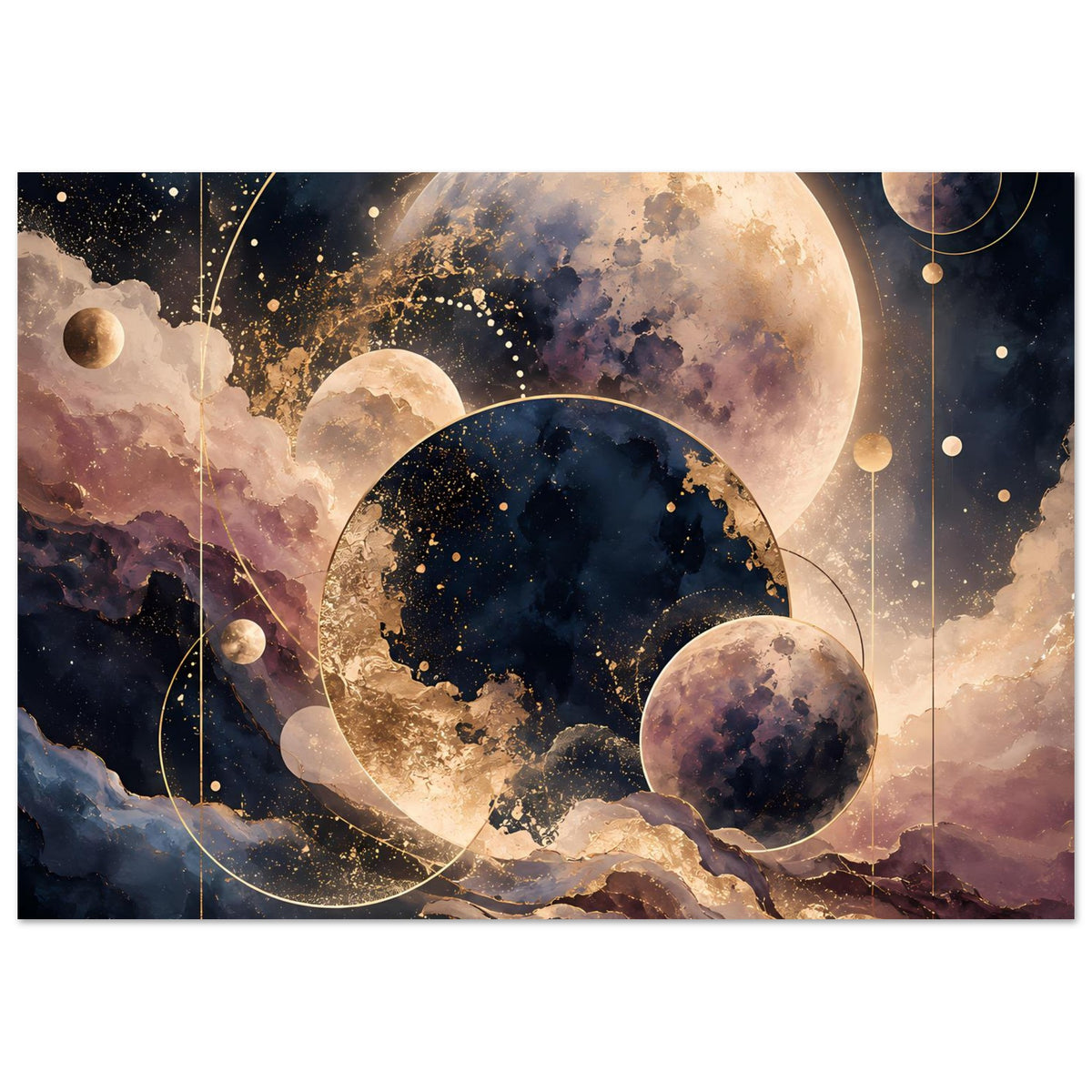 Planetenposter mit großen Planeten und Monden, goldenen Linien und Sternen