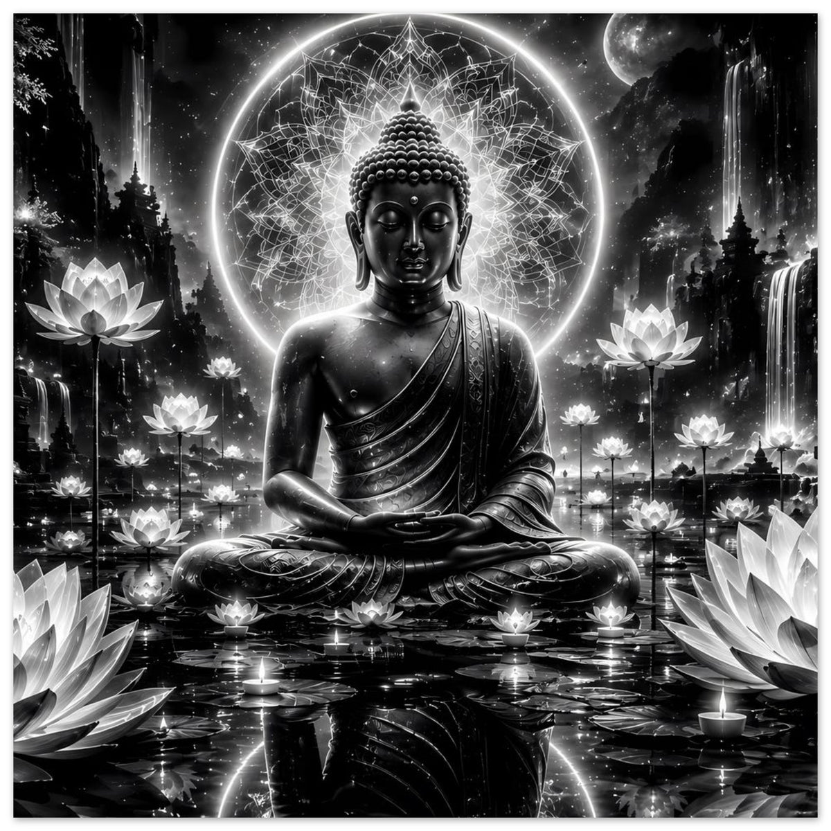 Buddha-Poster im Meditationssitz, schwarzweiß mit Leuchtring und vielen Lotusblüten, quadratisch