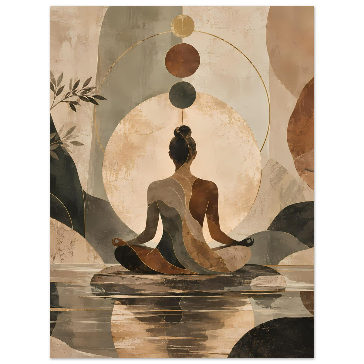 Poster mit meditierender Yogafigur, Kreis im Hintergrund, Erdtöne und Blätter links
