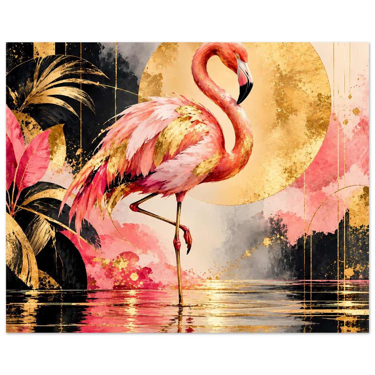Tierposter: pinker Flamingo mit goldenem Kreis, Wasserfläche mit goldfarbenem Schimmer