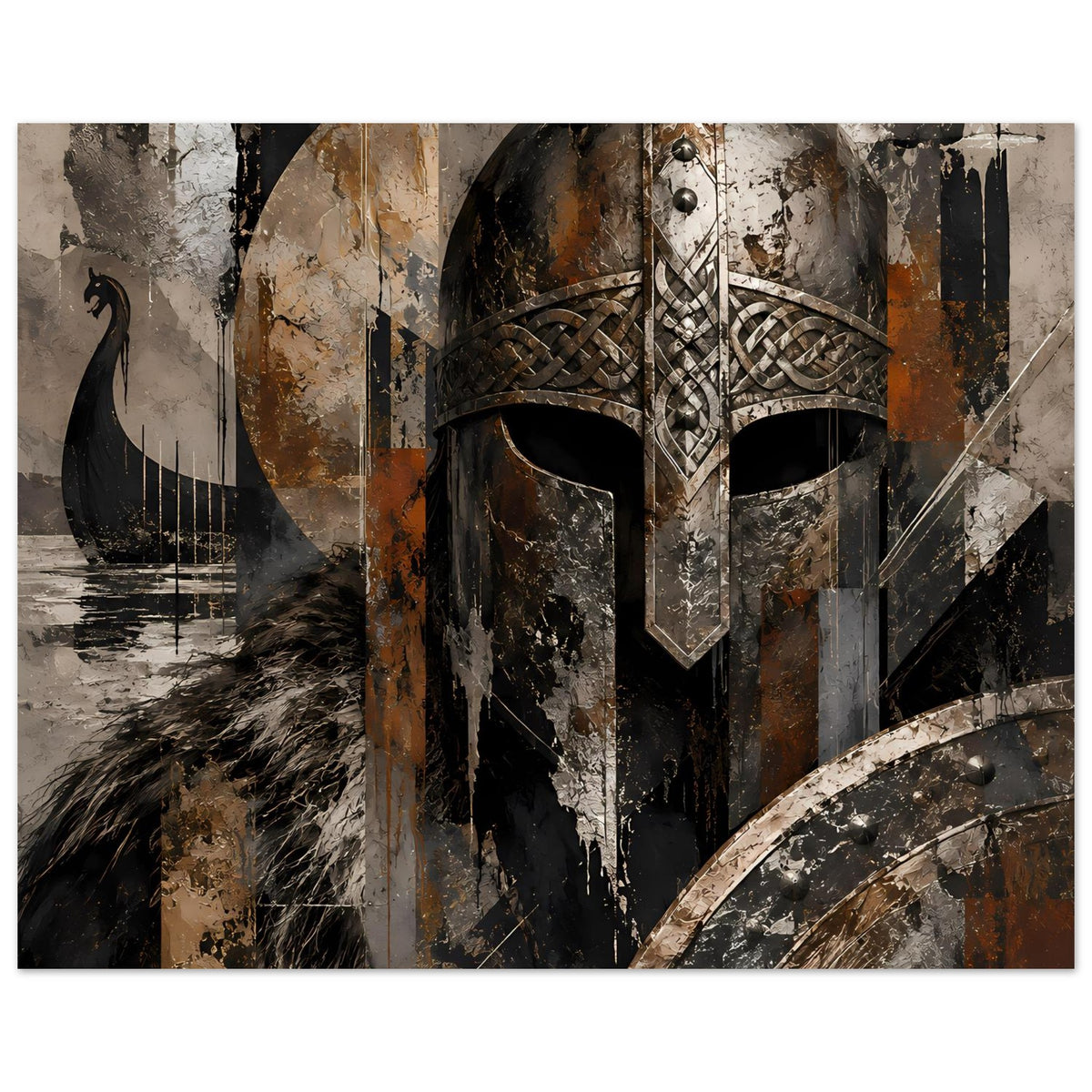 Art Poster mit Wikingerhelm, Runenverzierung und Rundschild, links Feder-Optik