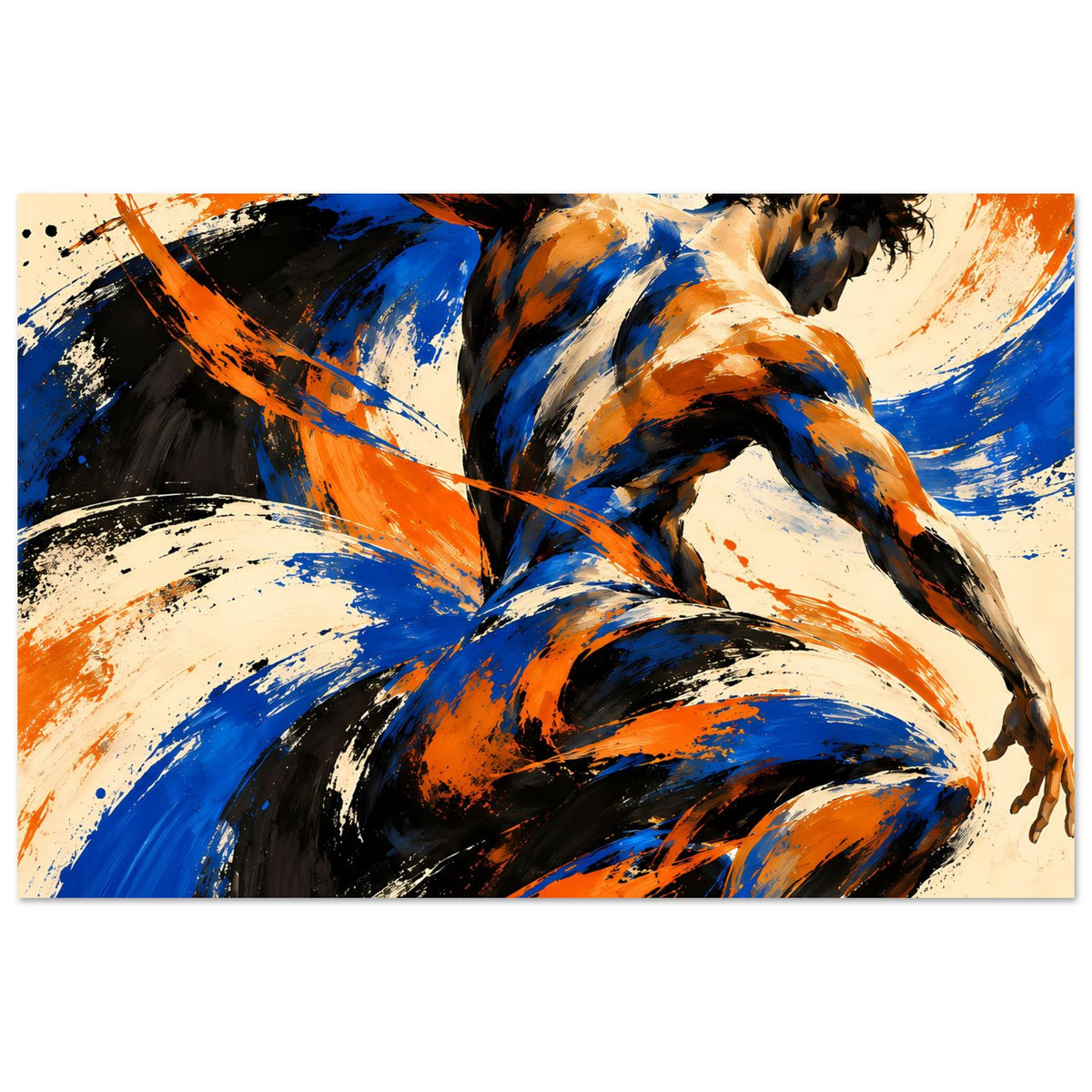 Kunstposter querformat, Farbwirbel aus Blau, Orange und Schwarz auf hellem Hintergrund