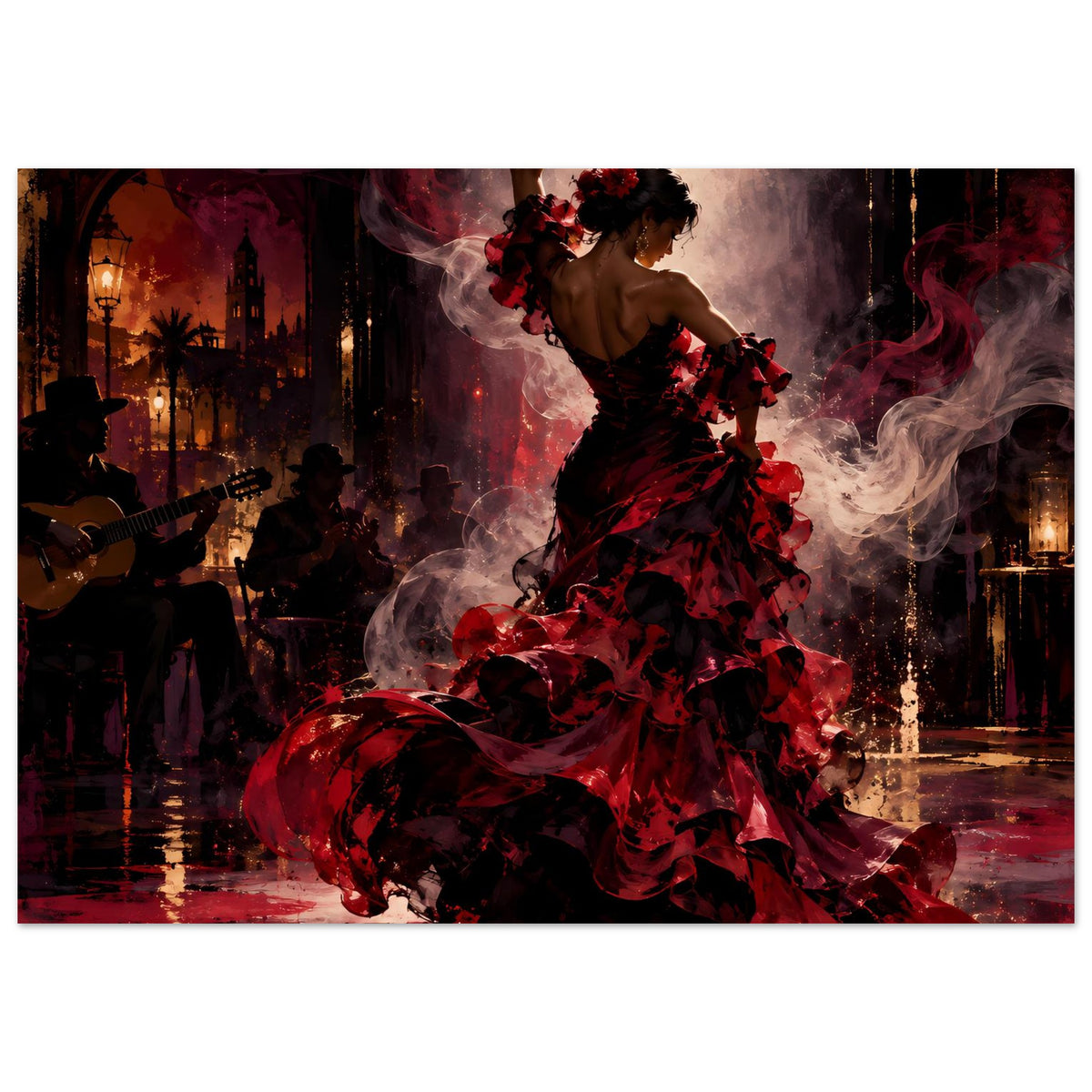 Poster mit Flamenco-Tänzerin im schwarzen Kleid mit roten Rüschen und erhobenen Armen