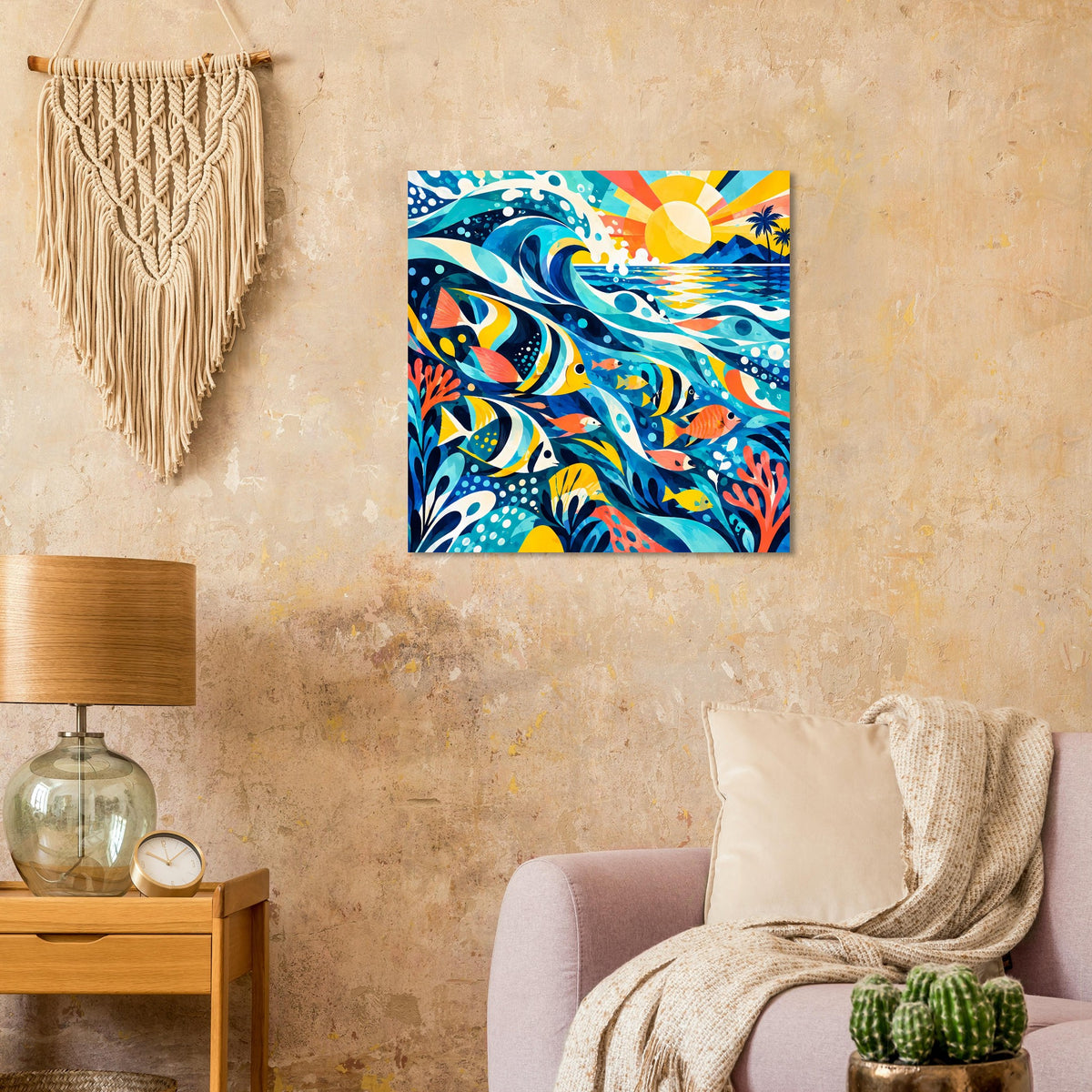 Quadratisches Wandposter mit bunten Fischen im Ozean und farbigen Wellen, gerahmt