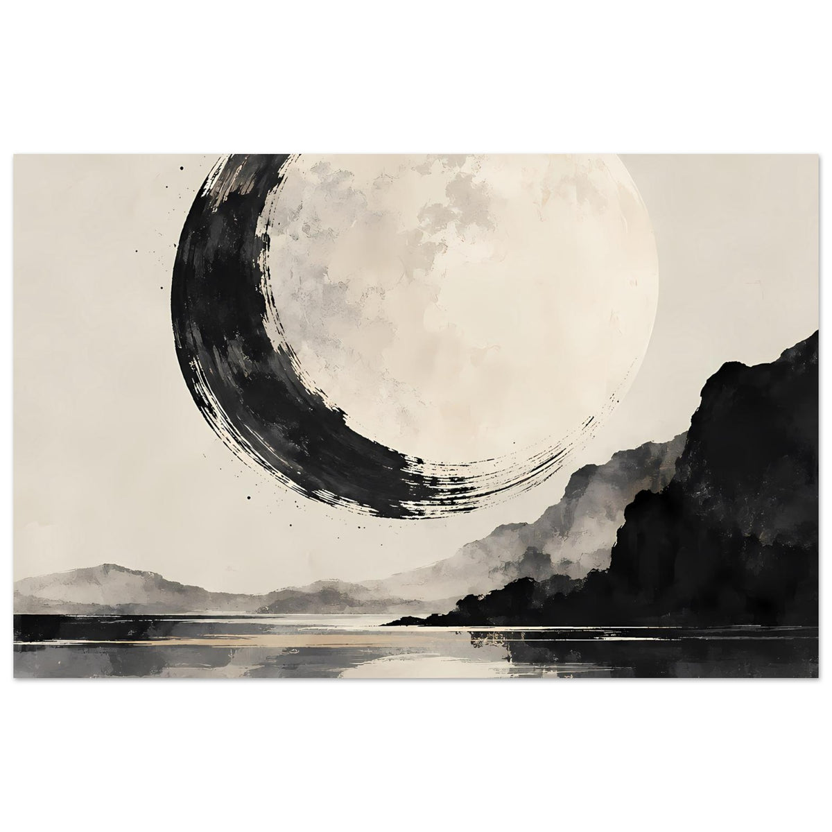 Schwarzweiß-Poster mit großem Mond, Bergen und Spiegelung auf ruhigem Wasser