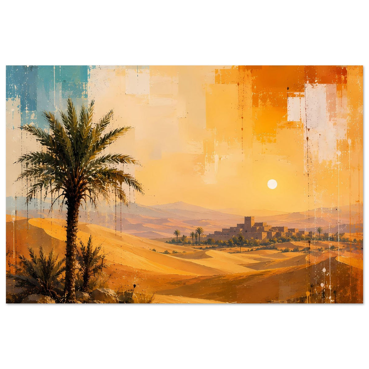 Wüstenlandschafts-Poster mit Palme links und Siedlung am Horizont, orangefarbene Wüstentöne